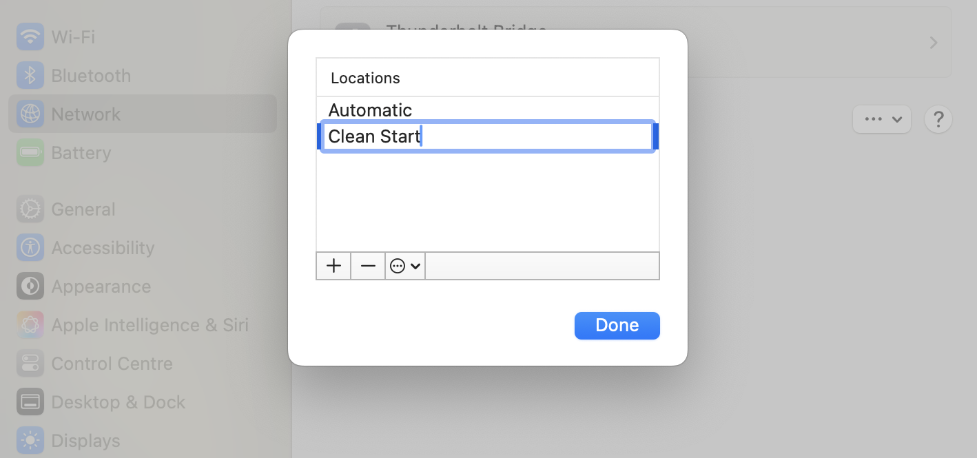 Click the plus (+) button, select New Location, give it a custom name, and reconnect to your Wi-Fi network to apply the fresh configuration.