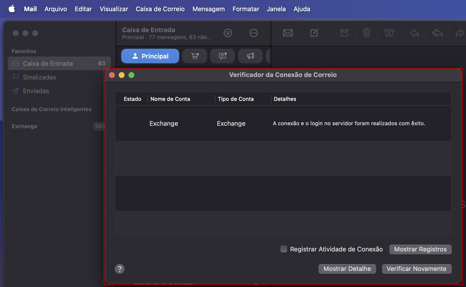 A janela do Verificador da Conexão de Correio mostra a lista das suas conexões, assim como seu status e detalhes. Em primeiro lugar, preste atenção às luzes vermelhas para identificar as conexões problemáticas e resolvê-las.