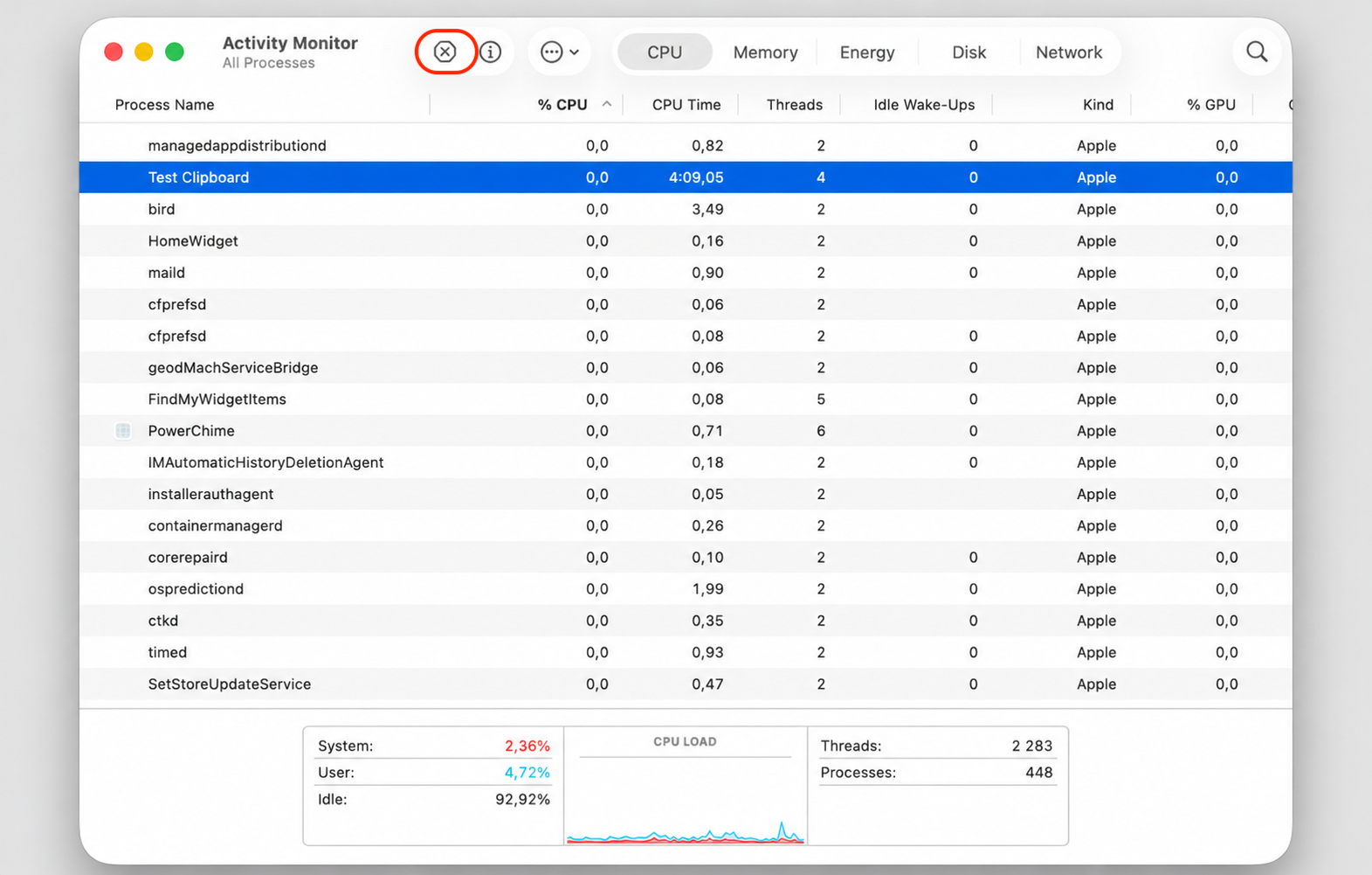 Activity Monitor on macOS with a third-party clipboard manager selected, clicking the Stop (X) button to quit the conflicting clipboard app.