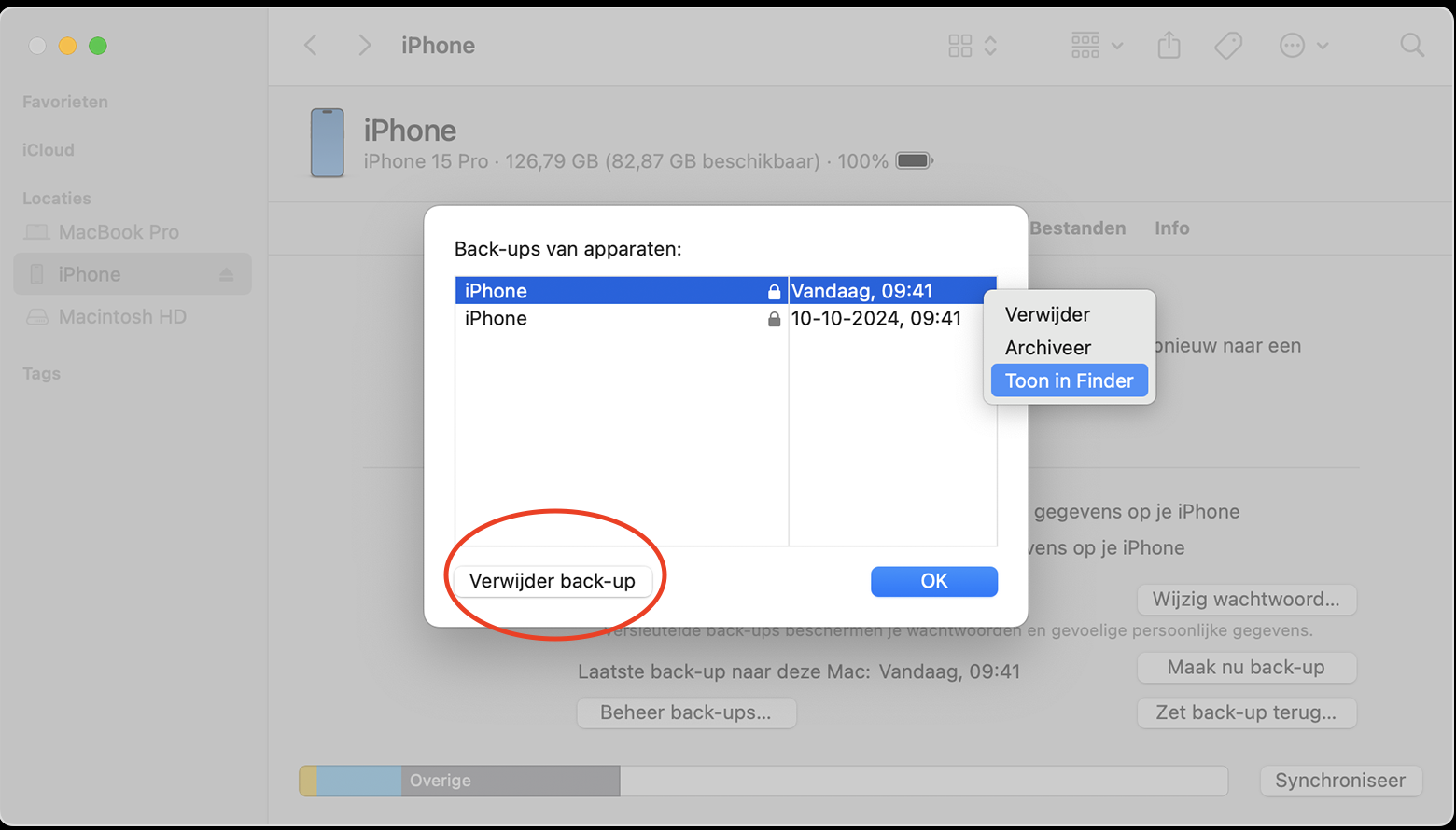 iOS-reservekopieën kunnen veel ruimte innemen op je Mac. Als je een iPhone of iPad hebt, sluit die dan aan en verwijder de reservekopieën.