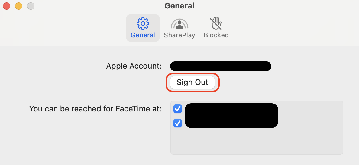 In the FaceTime Settings General tab, find your Apple Account and click the Sign Out button to disconnect and stop background syncing.