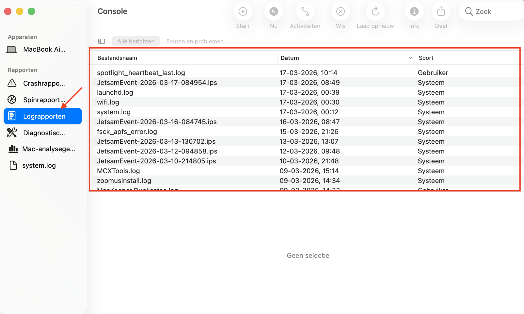 De app Console op de Mac toont de sectie Lograpporten. Controleer de lijst op systeemfouten die kunnen helpen bij het diagnosticeren van veelvoorkomende problemen.