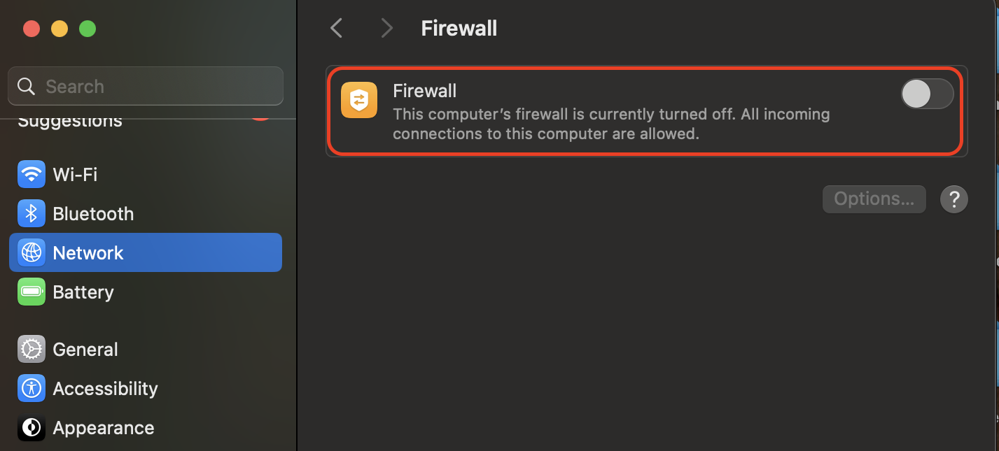 Open System Settings, go to Network in the sidebar, and select Firewall to review its status and adjust security options for your Mac's incoming connections.