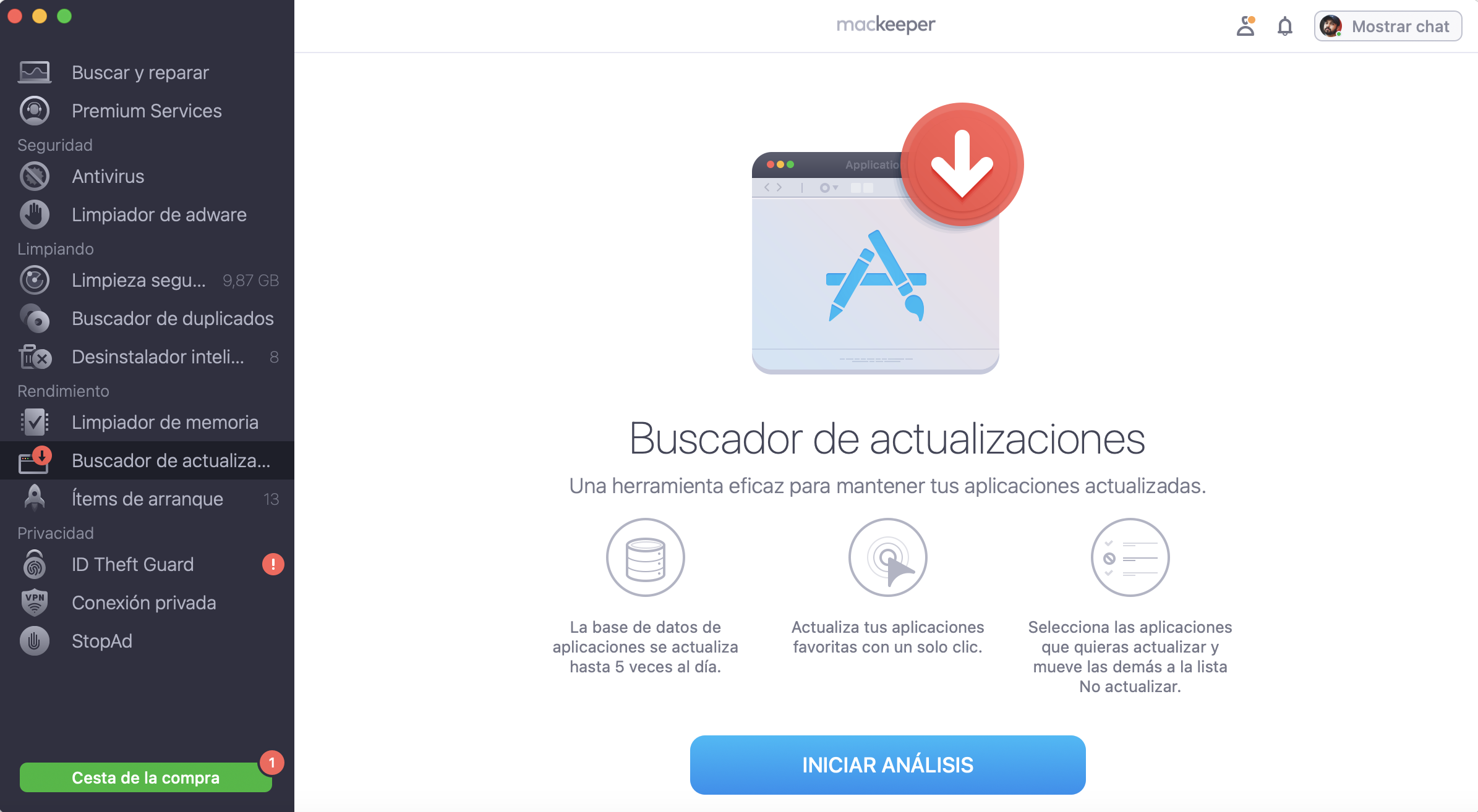Para gestionar las actualizaciones de tus aplicaciones, ejecuta MacKeeper y selecciona Buscador de actualizaciones en el menú de la izquierda. Haz clic en Iniciar análisis para comprobar las actualizaciones disponibles.