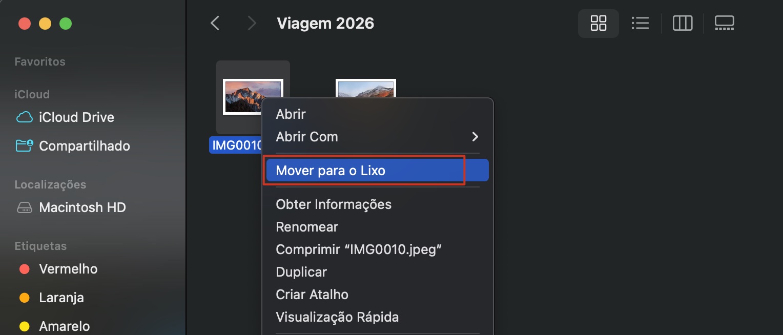 Para excluir fotos no Mac usando o Lixo, encontre suas fotos no Finder e clique nelas. Em seguida, clique com o botão direito e selecione Mover para o Lixo. Como alternativa, você pode arrastá-las e soltá-las no ícone do Lixo no Dock.