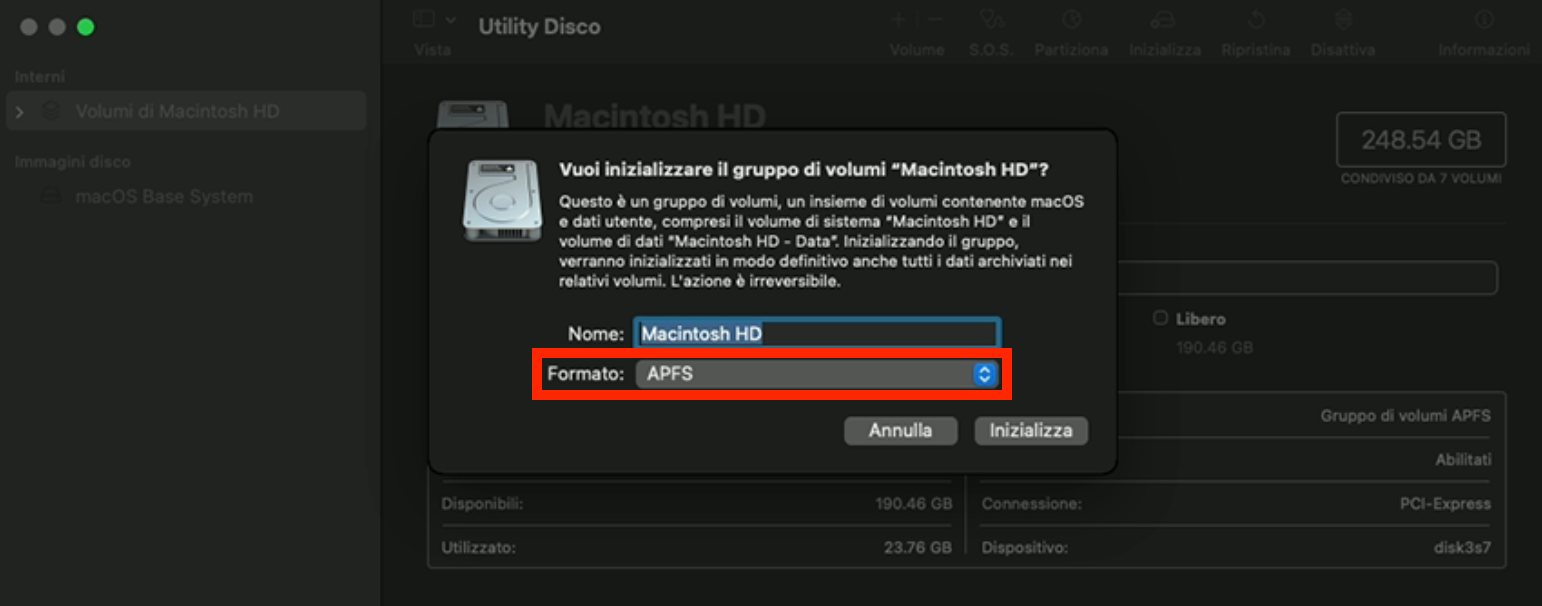 Una finestra pop-up per inizializzare un volume è visualizzata in Utility Disco. Cancellare un volume consente agli utenti di riportare il MacBook alle impostazioni di fabbrica.