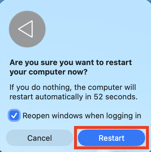 The Restart confirmation prompt on Mac. Try restarting your machine to refresh system processes when you find suggestd has high CPU and RAM usage.