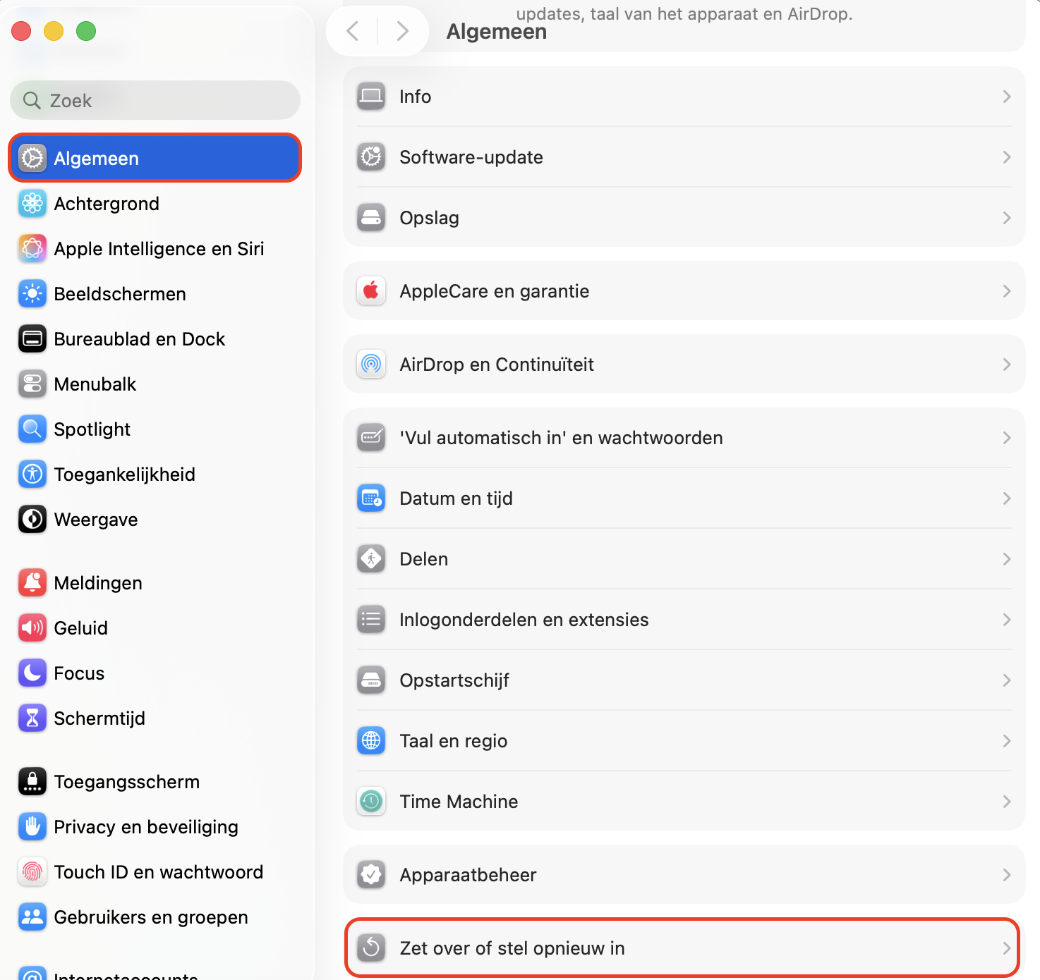 Open Systeeminstellingen > Algemeen > Zet over of stel opnieuw in en selecteer Wis alle inhoud en instellingen om je Mac volledig te wissen en klaar te maken voor een nieuwe configuratie.