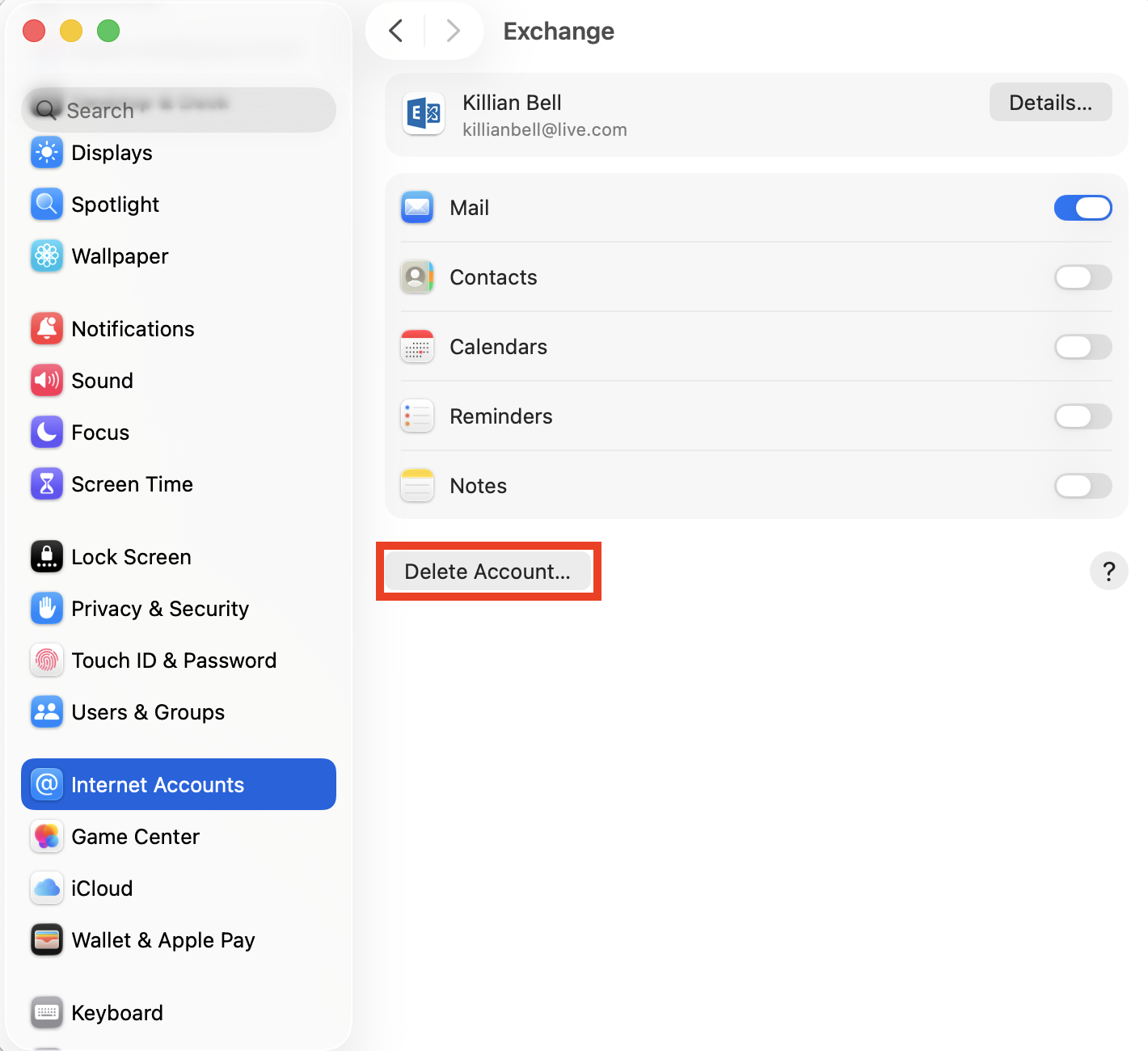 The Internet Accounts menu in System Settings on Mac. Try removing and re-adding your Exchange account when you see Exchange password required errors on macOS.