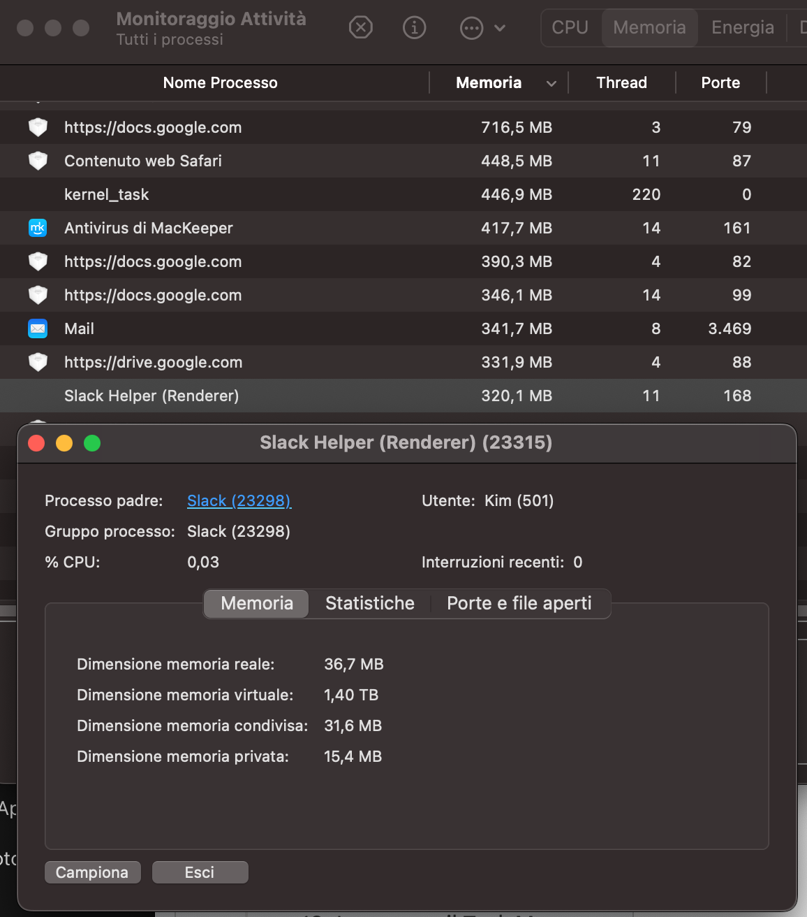 Seleziona l’applicazione sospetta in Monitoraggio Attività, poi clicca sull’icona a forma di X per chiuderla e liberare RAM sul Mac.