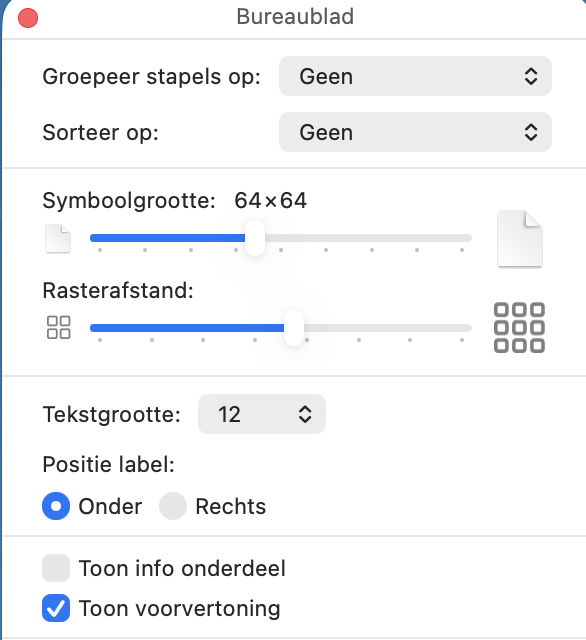 Het pop-upvenster Weergaveopties met de geselecteerde optie ‘Toon pictogramvoorbeeld’ gemarkeerd.