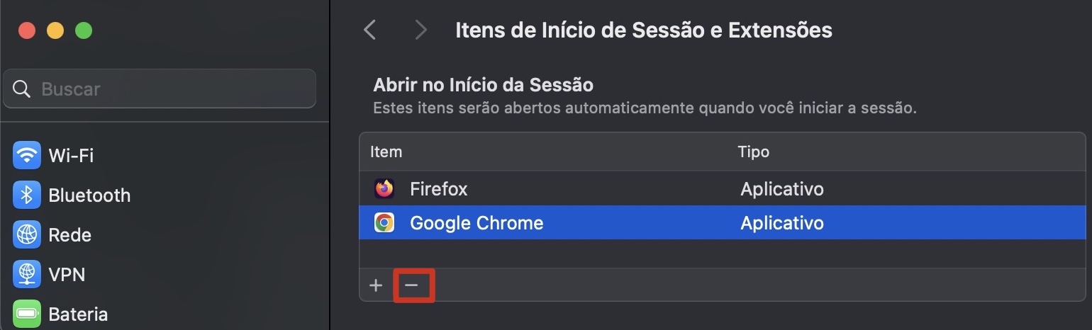 Remova os itens de início que abrem automaticamente indo à parte superior de Itens de Início e selecionando os processos que deseja interromper. Em seguida, toque no ícone -.