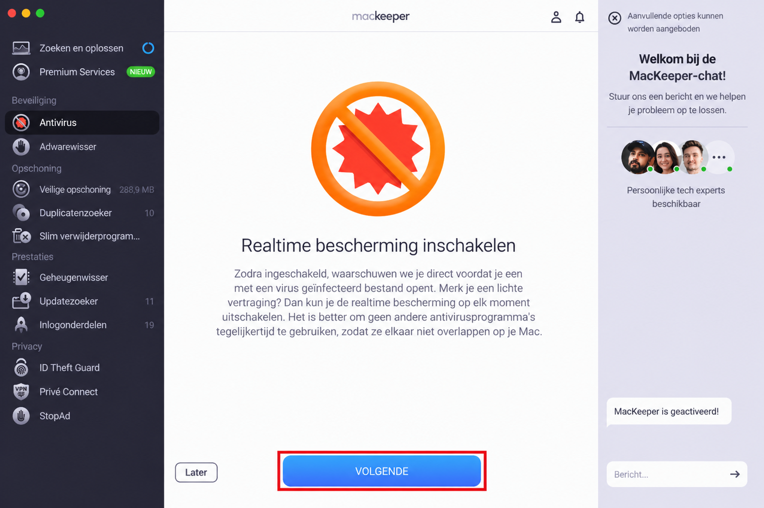 De Antivirus-tool in MacKeeper voor Mac. Klik op Volgende om real-time bescherming in te stellen en malware van je machine te verwijderen.