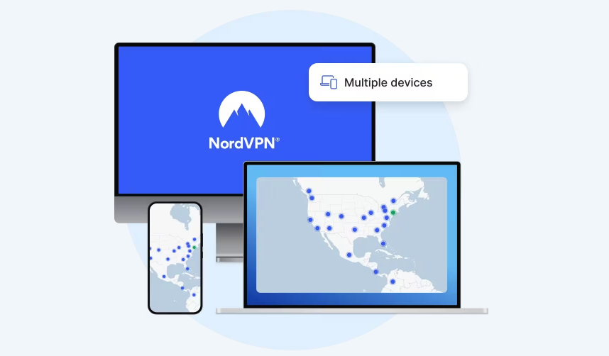 NordVPN app shown across an iMac, Apple laptop, and phone with a Multiple devices label and server map, a top VPN for Mac for streaming and travel.