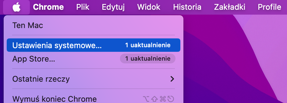 Aby sprawdzić, czy nie ma niechcianych profili, przejdź do logo Apple i kliknij Ustawienia systemowe