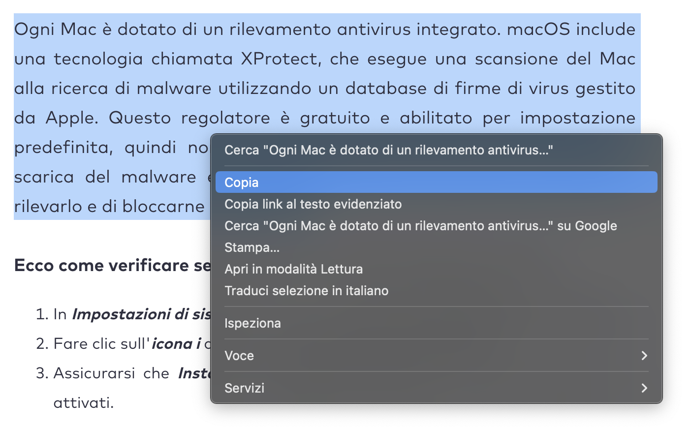 Facendo clic con il pulsante destro del mouse su contenuti o file sul Mac, verrà visualizzata l'opzione per copiarli. Questa è un'alternativa alle scorciatoie da tastiera.
