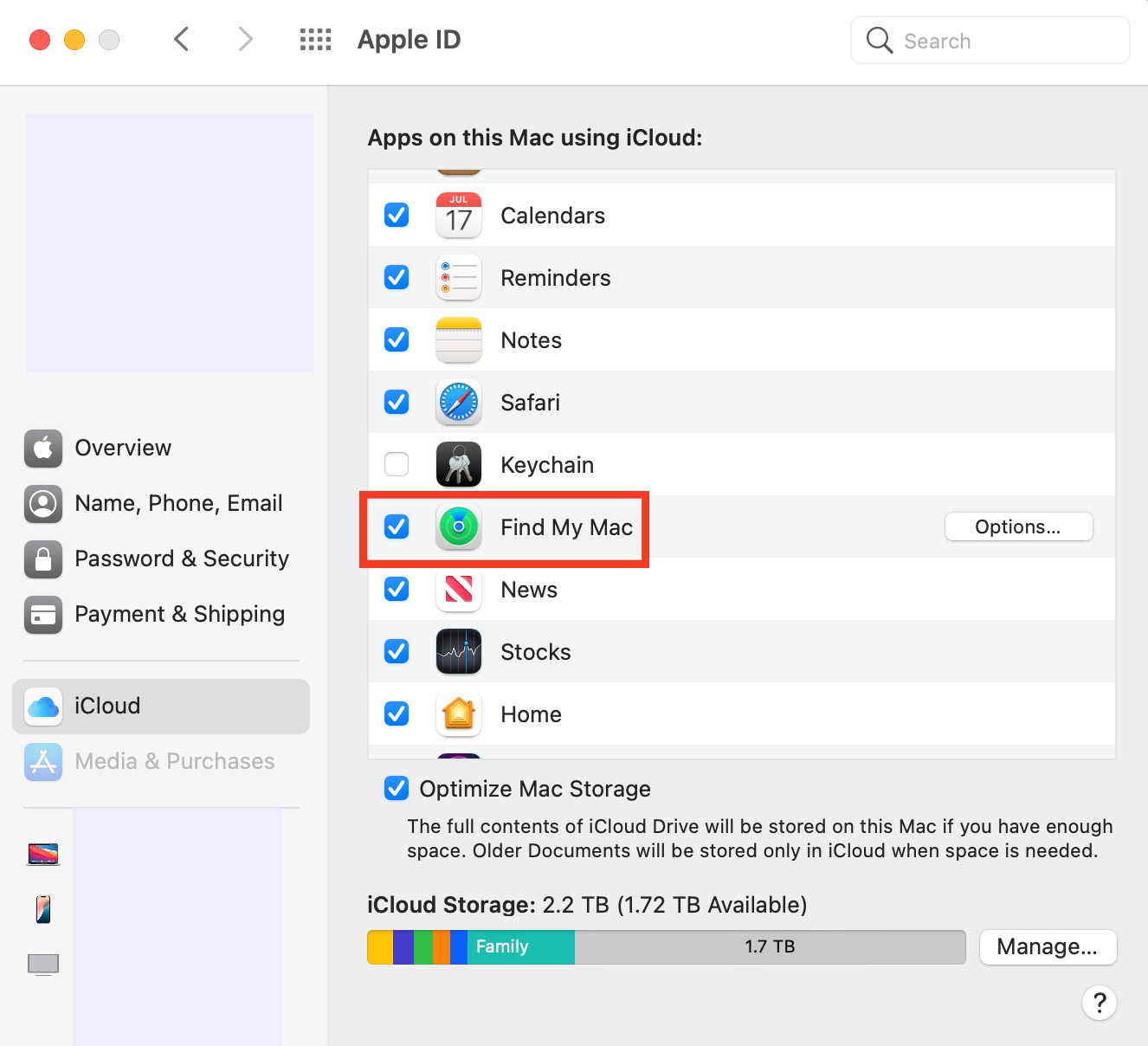 Apple ID settings are opened on a Mac. Check if Find My Mac is enabled to see if the previous owner might be tracking you.
