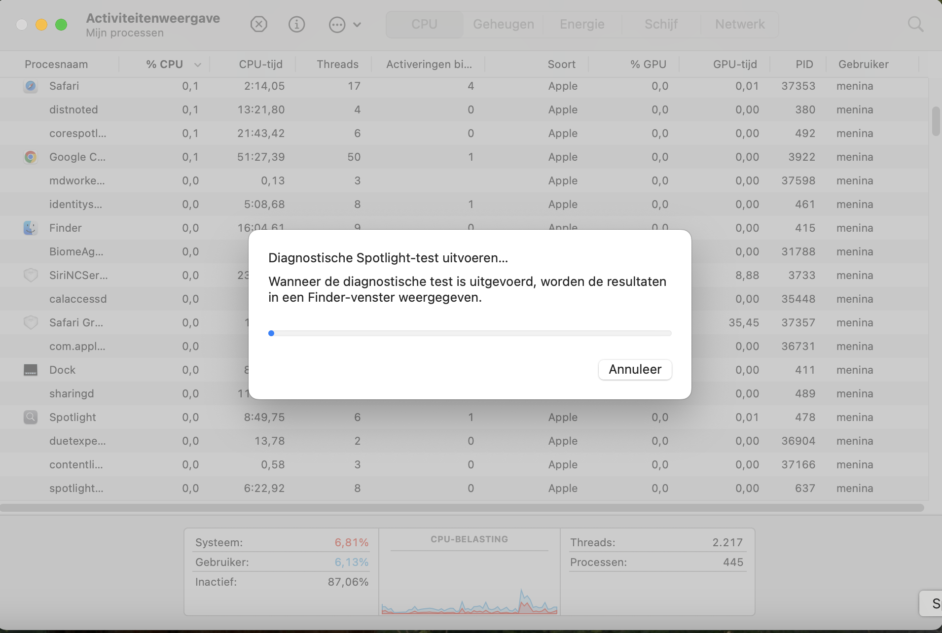 Na het instellen verschijnt een bevestigingsbericht dat Spotlight-diagnose wordt uitgevoerd; wacht even.