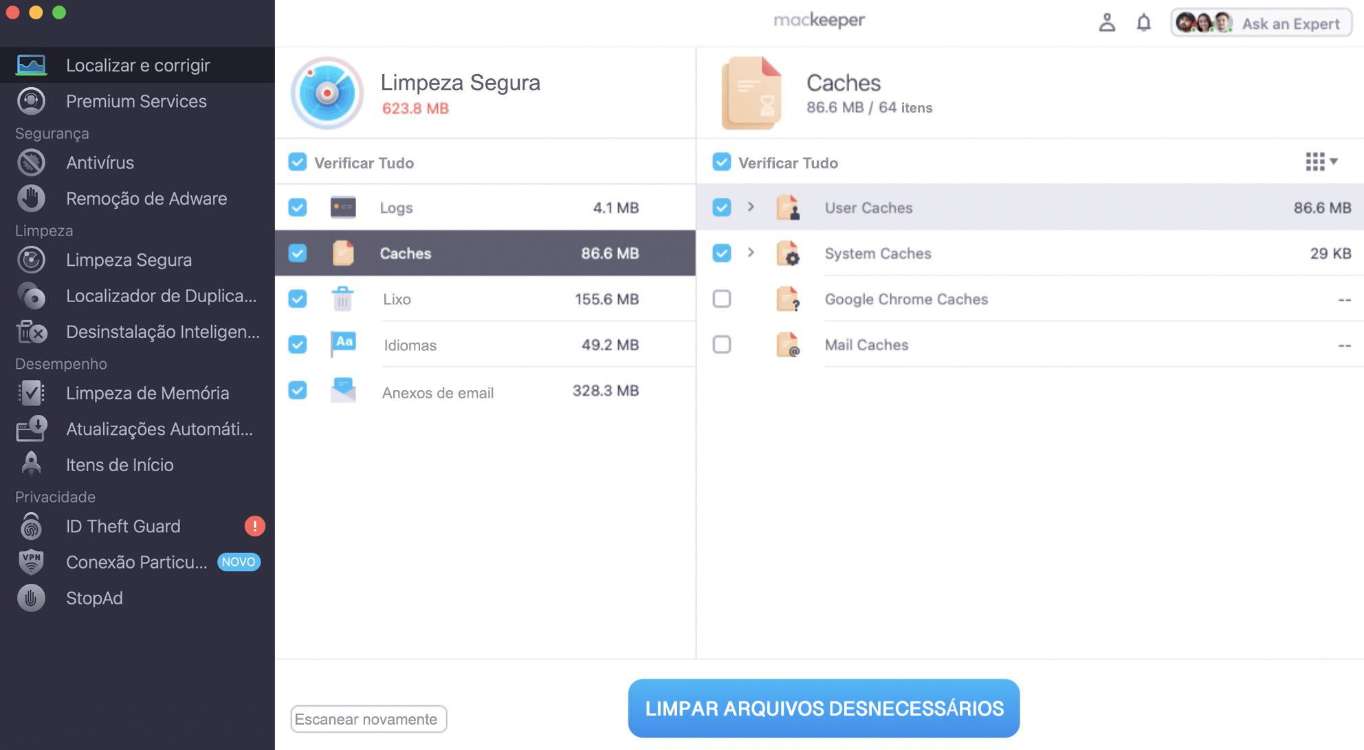 Quando o seu Mac encontrar os diversos arquivos e caches, marque a caixa ao lado de Caches e de qualquer outra coisa que queira remover. Depois, selecione Limpar Arquivos Desnecessários.