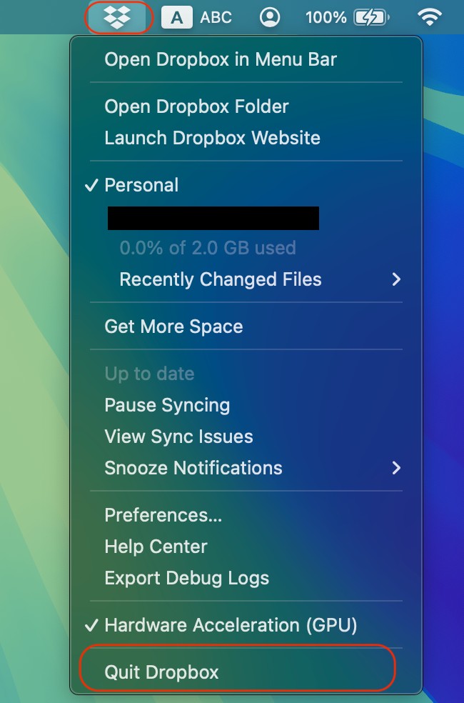 Start removing Dropbox cache manually by clicking on the Dropbox icon in the Apple menu to quit it.