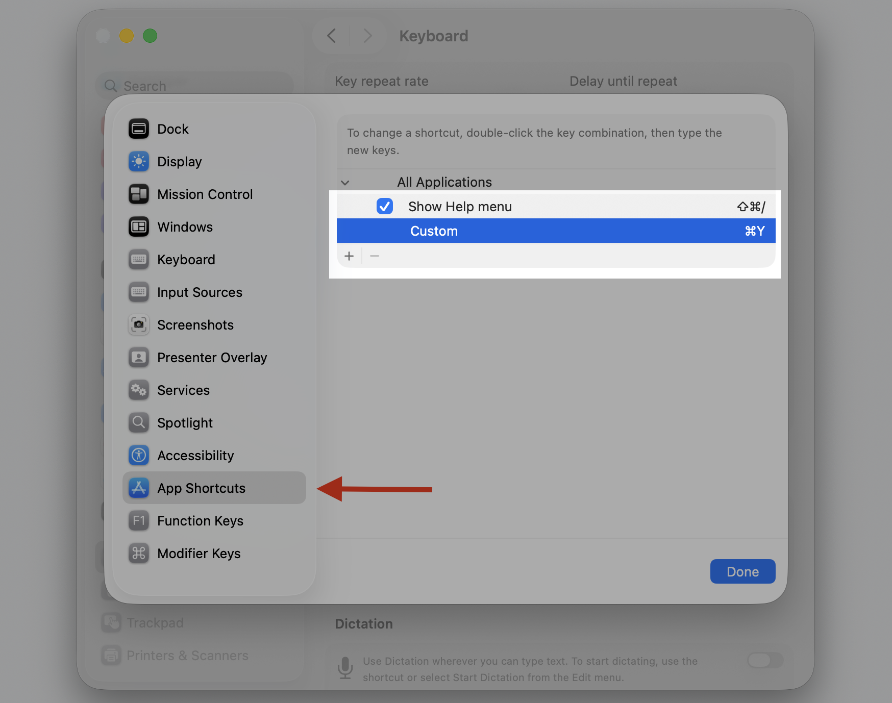 The App Shortcuts section of Keyboard Shortcuts in macOS System Settings on a MacBook, used to find a custom shortcut conflicting with system keys.