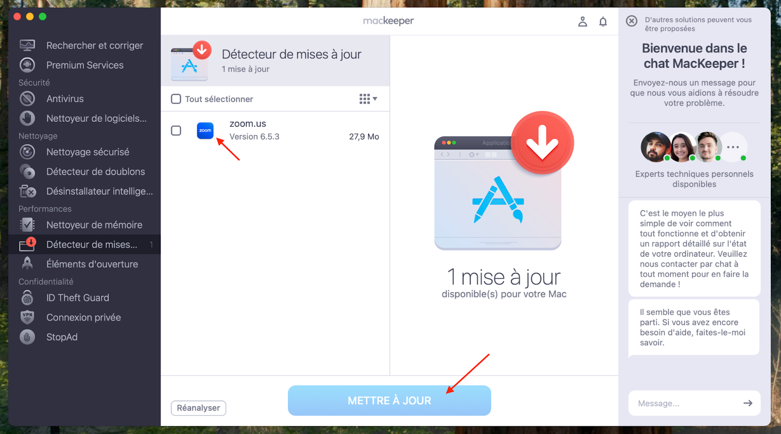 La fonctionnalité Détecteur de mises à jour est disponible dans MacKeeper sur macOS Monterey. Sélectionnez les applications que vous souhaitez mettre à jour, puis appuyez sur le bouton Mettre à jour.