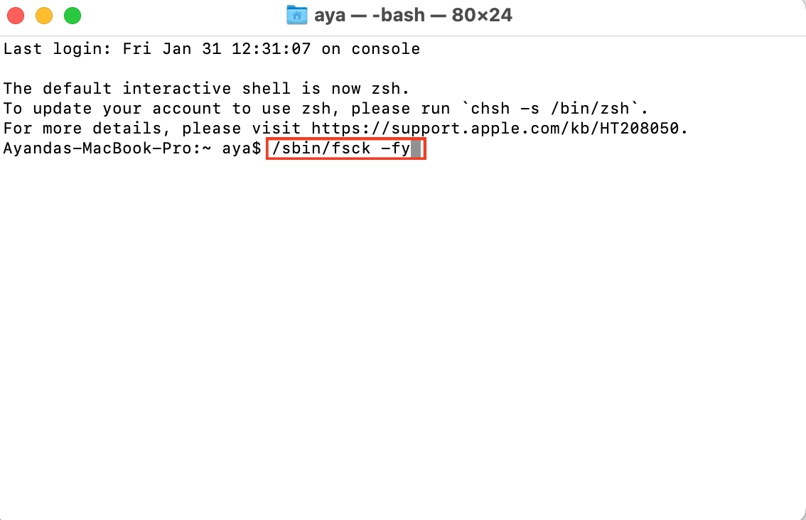 The user has entered the command /sbin/fsck -fy in Mac’s Terminal. Enter it to use fsck in single-user mode on your Mac computer.