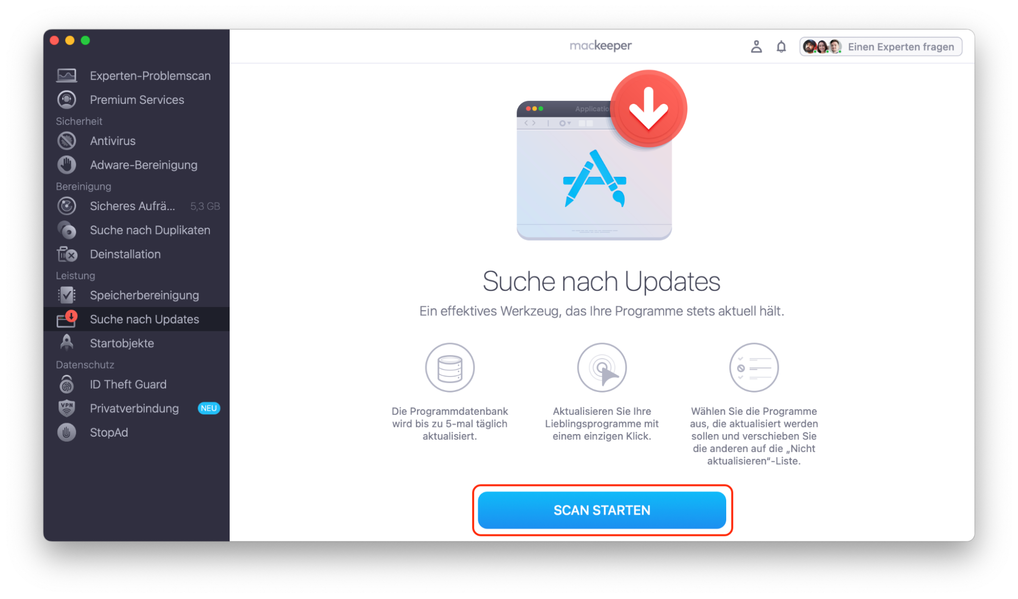 MacKeeper auf macOS Monterey zeigt das Tool zur Suche nach Updates an. Klicken Sie auf Auf Updates scannen, um alle verfügbaren Updates für Ihre installierten Apps zu finden.