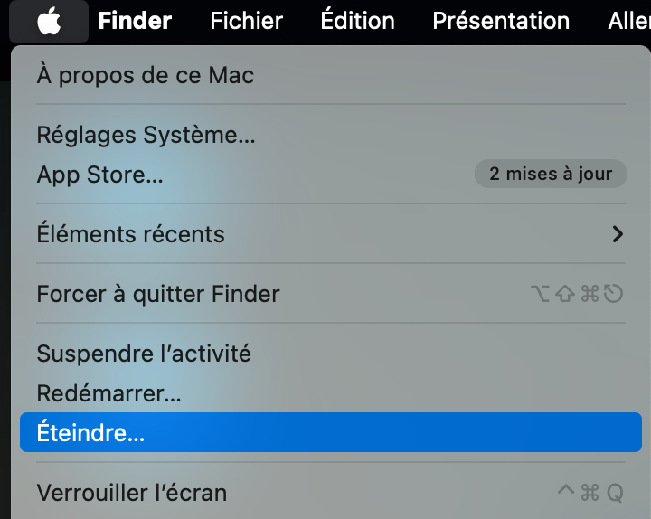 Si la corbeille ne se vide pas, essayez d'éteindre votre Mac en allant dans le Menu Apple > Éteindre. Utilisez ensuite le Mode sans échec.