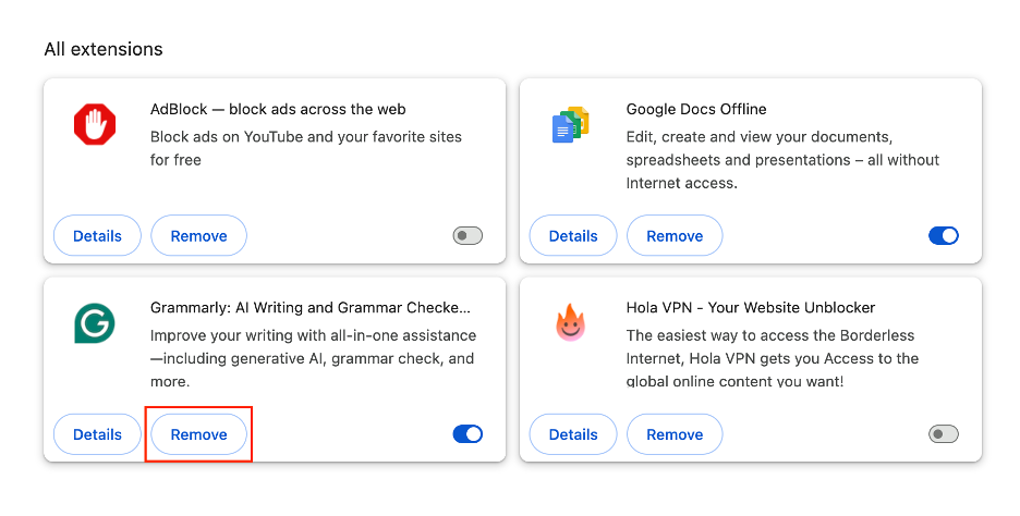 To delete the Grammarly extension from Chrome on a Mac, click Remove next to it.