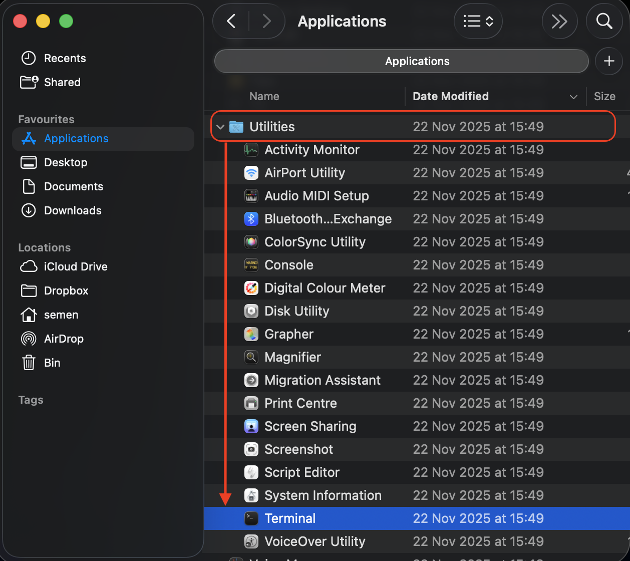 Opening Terminal from the expanded Utilities folder in Finder on a Mac prepares the spctl command to disable Gatekeeper protection.
