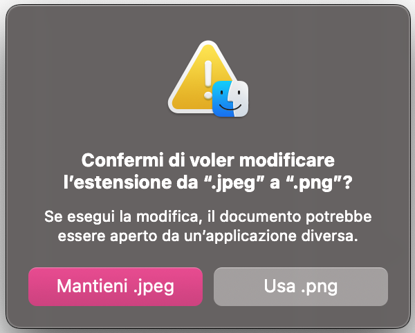 Una richiesta di conferma per la rinomina di un file su Mac. Se ti stai chiedendo come riparare file danneggiati su Mac, prova a cambiare il formato del file e poi riaprilo.