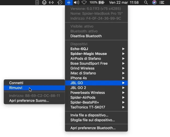 Riavvia il mouse Apple se non funziona correttamente. Per farlo, tieni premuti i tasti Maiusc+Opzione e clicca sull'icona Bluetooth. Seleziona Rimuovi tutti i dispositivi. Ripeti la stessa operazione, ma questa volta scegli Ripristina la modalità Bluetooth e prova ad associare nuovamente il mouse Apple a macOS.
