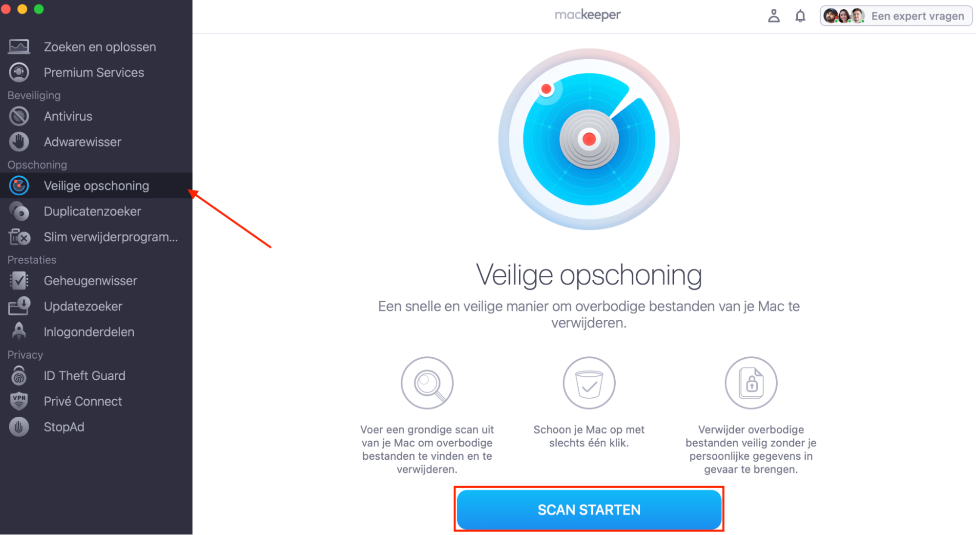 Gebruik de tool Veilige Opschoning van MacKeeper om digitale overbodige bestanden op je Mac te vinden en te verwijderen. Start MacKeeper en selecteer Veilige Opschoning in het menu aan de linkerkant. Klik op ‘Scan starten’ om het proces te beginnen