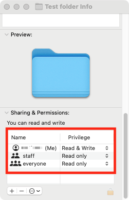 In the info panel, scroll down to the 'Sharing & Permissions' section. Find your username, and make sure your privilege is set to 'Read & Write'.