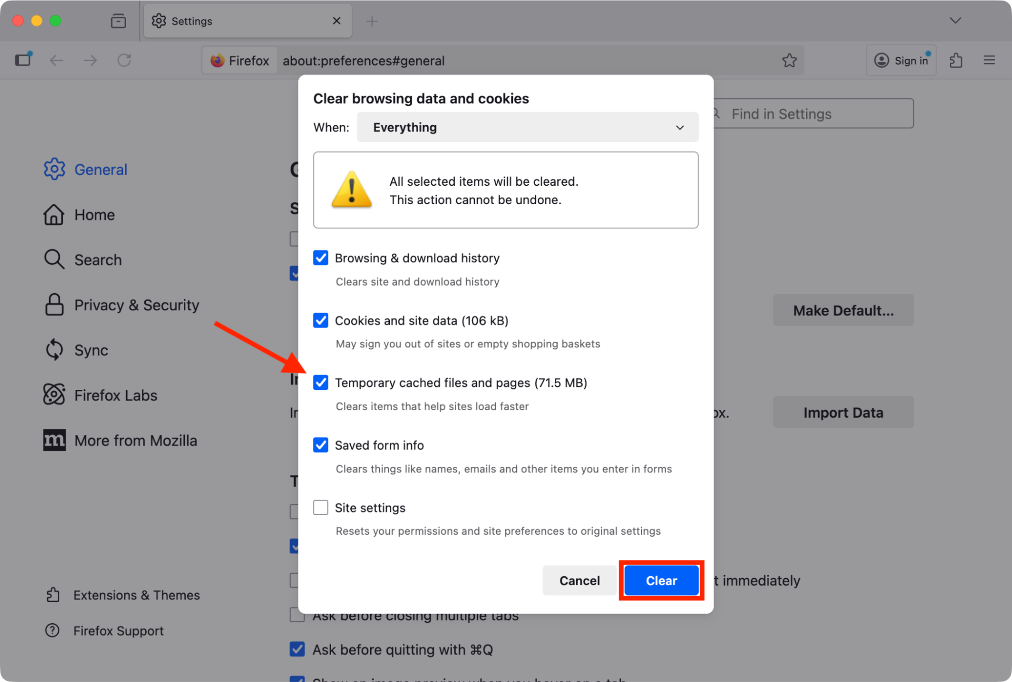 The clear browsing data feature inside Mozilla Firefox on Mac. Make sure you pick Temporary cached files and then click Clear to delete the Google Drive cache from within Mozilla Firefox on Mac.