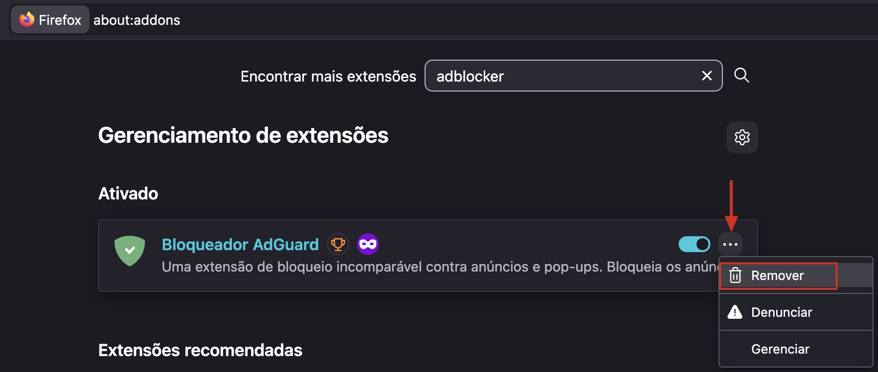 Tela de Extensões do Firefox, com o menu aberto para uma extensão. Como remover extensões, como parte de um guia sobre como parar pop-ups falsos do McAfee no Mac.