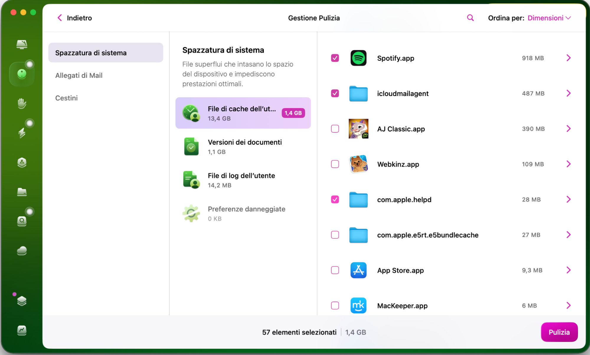 Puoi anche cercare i file della cache utente con la funzione Spazzatura di Sistema di CleanMyMac. Il risultato della scansione suddividerà anch’esso le informazioni per categorie, ovvero i diversi tipi di dati indesiderati.