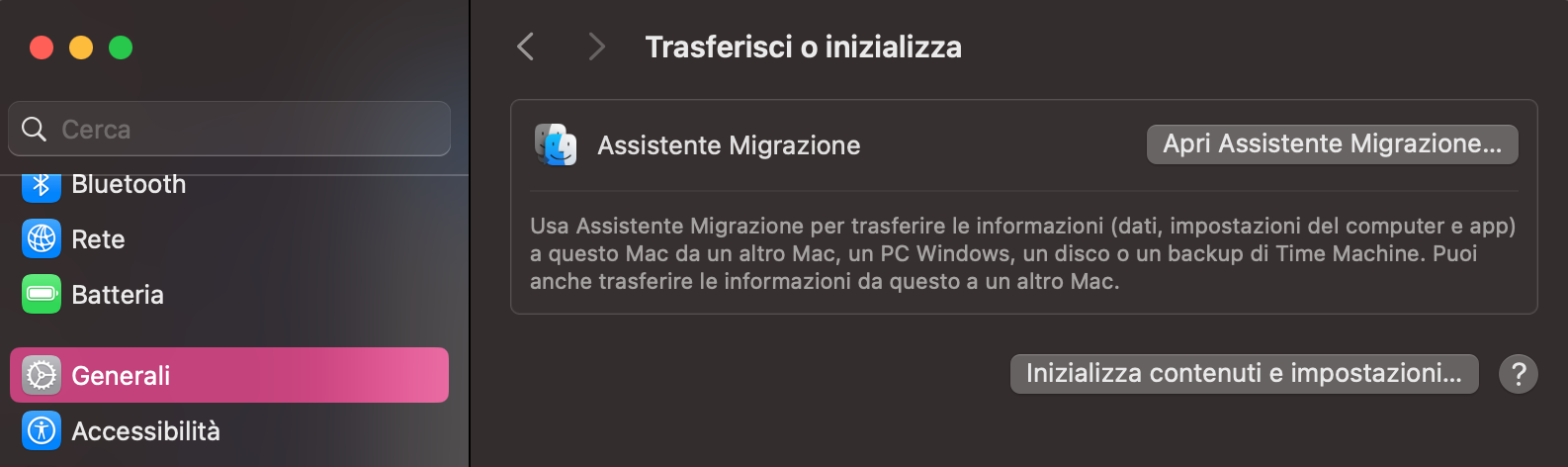 Nella sezione Trasferisci o inizializza vedrai il pulsante Inizializza contenuto e impostazioni. Fai clic per avviare la procedura di cancellazione e reinstallazione di macOS. Verrai guidato passo passo con istruzioni a schermo da seguire.