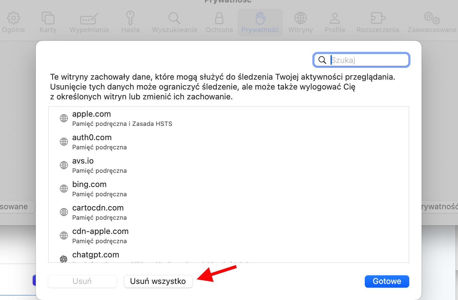 Safari na Macu pokazuje wszystkie dane witryn. Kliknij przycisk Usuń wszystko, a następnie kliknij Usuń teraz, aby wyczyścić wszystkie pliki pamięci podręcznej.