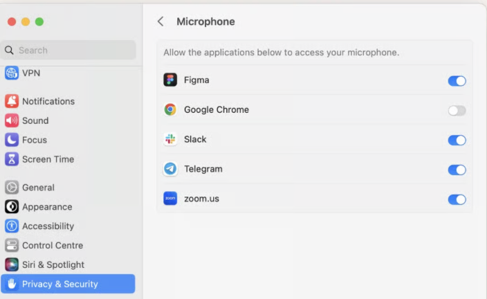 Next, go back and click on Microphone. You’ll be able to review and toggle the permissions for installed apps on your Mac that require microphone permission.