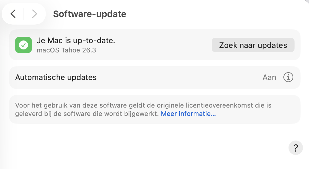 Eventuele beschikbare updates worden hier weergegeven, samen met de knop ‘Werk nu bij’. Nadat je hierop hebt geklikt, kun je de aanwijzingen op het scherm volgen om je Mac bij te werken. Je kunt hier ook ‘Automatische updates’ inschakelen.