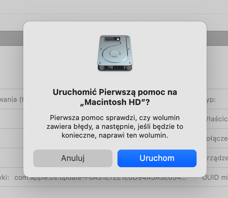 Aplikacja Narzędzie dyskowe zapyta, czy chcesz uruchomić Pierwszą pomoc na wybranym programie. Odpowiedz przyciskiem Uruchom