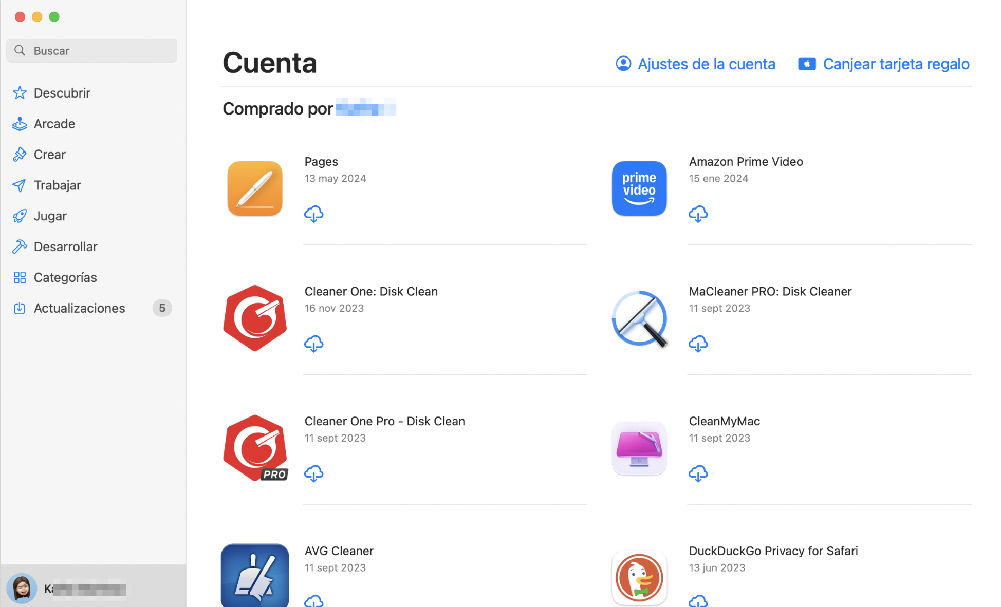 El App Store en Mac mostrando la pantalla Cuenta. Haz clic en el botón de descarga situado junto a una app para migrar aplicaciones a tu nuevo Mac sin utilizar el Asistente de Migración. El App Store en Mac mostrando la pantalla Cuenta. Haz clic en el botón de descarga situado junto a una app para migrar aplicaciones a tu nuevo Mac sin utilizar el Asistente de Migración.