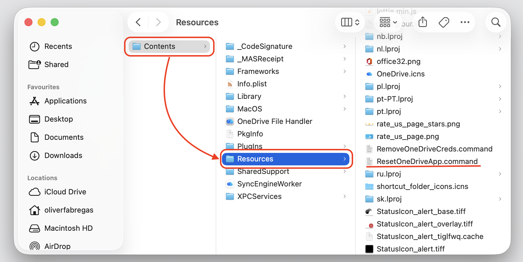Finder Contents and Resources folders on macOS showing ResetOneDriveAppStandalone.command used to clear OneDrive cache on a Mac.