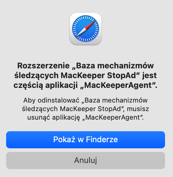 Po kliknięciu Odinstaluj musisz kliknąć Pokaż w Finderze. To przeniesie Cię do miejsca, w którym zainstalowane jest rozszerzenie, abyś mógł je usunąć.
