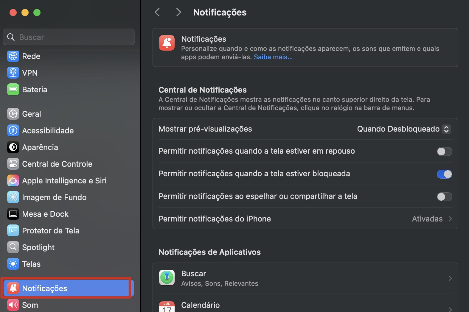 Ajustes do Sistema da Apple, com as opções de Notificações abertas. Como desativar notificações do McAfee no Mac, parte das perguntas frequentes sobre pop-ups falsos do McAfee no Mac.