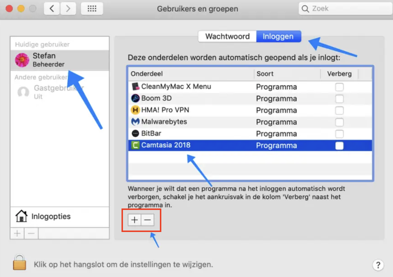 Het venster Gebruikers en groepen, met het tabblad Inloggen geselecteerd en het selectievakje van de app aangevinkt om deze met de minknop uit het opstartproces te verwijderen.