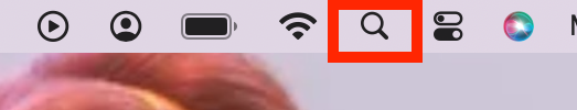 L'icona di ricerca Spotlight nella barra dei menu di macOS su Mac. Quando stai cercando di capire dove si trova la cartella Applicazioni su Mac, puoi usare Spotlight per cercarla.