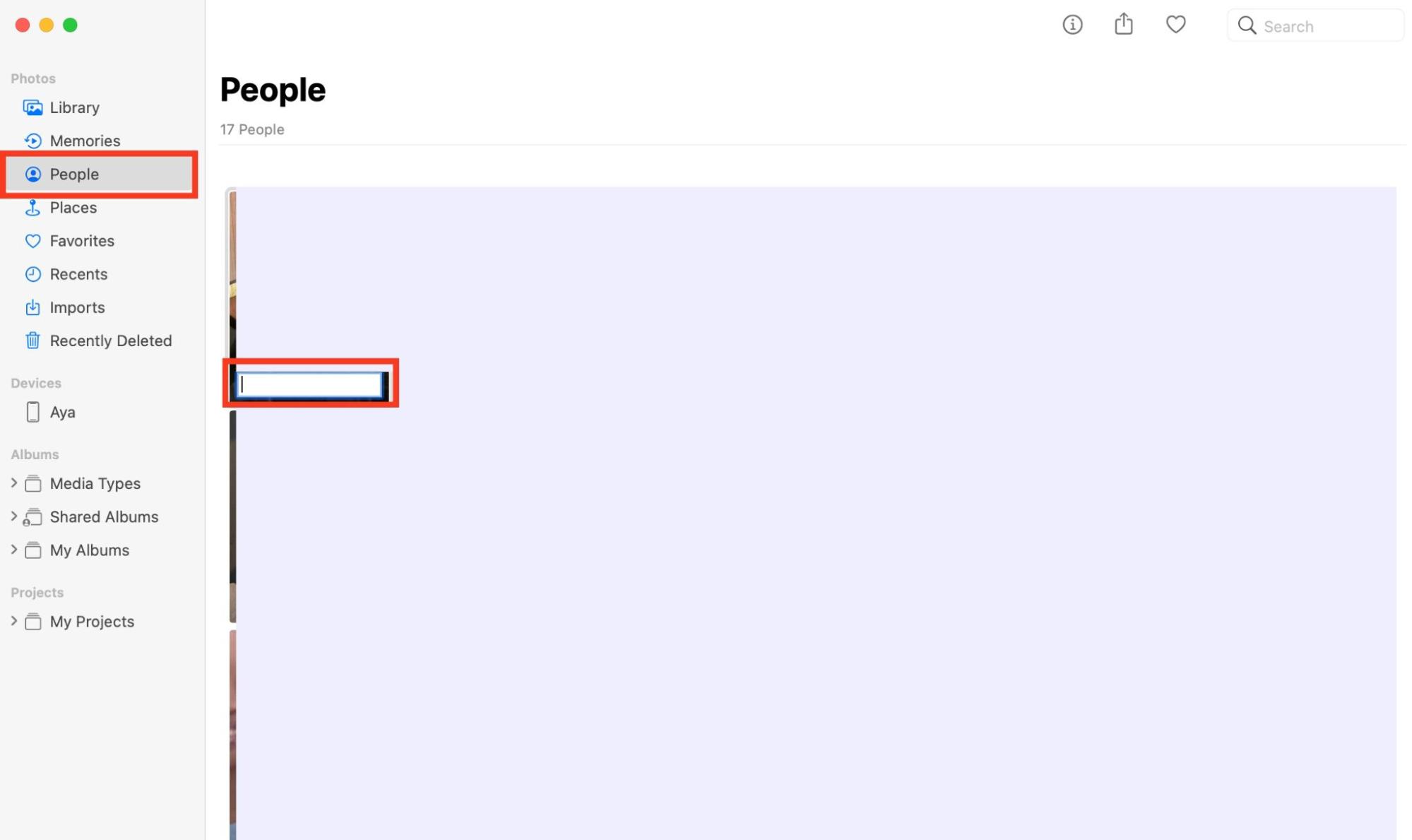 The People album is opened on a Mac. Add a name to recognize faces manually and fix photoanalysisd high CPU usage on Mac.